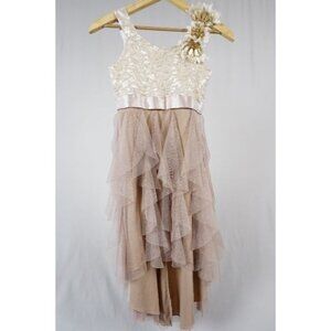 Tween Diva Champagne Sleeveless Lined Belted Tulle High-low Girl's Dress